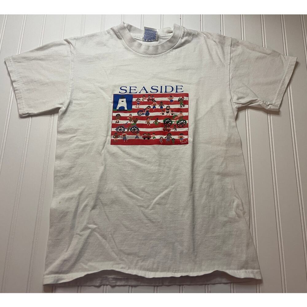 Vintage SEASIDE 90s Beach 4th July T Shirt Top Nostalgia Florida Youth 14/16